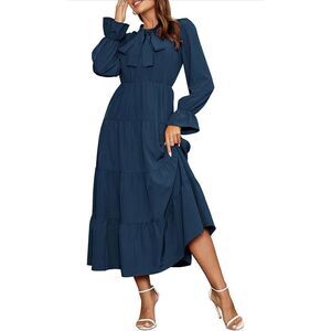 NEW Tiered Tie Neck High Waist A-Line Casual Maxi Dress M